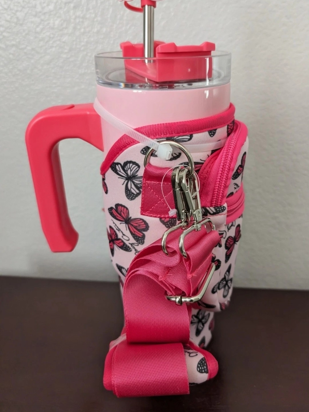 Juicy Cauture Pink Butterfly Insulated Travel Tumbler with Handle and Strap